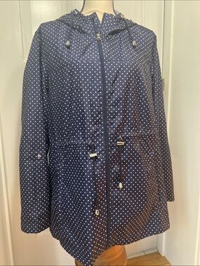 Women's Navy/White Polka Dot Full Zip Raincoat w/Hood, Parka in a Pocket, Sz XL